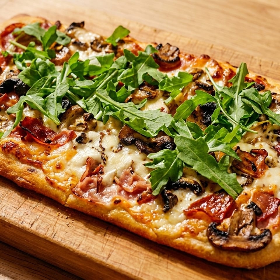 Rectangular flatbread pizza with melted cheese, mushrooms, pepperoni, and fresh arugula on a wooden board.