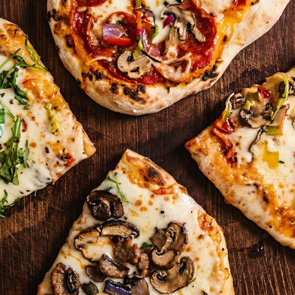 Four different pizzas and slices with various toppings, including mushrooms, peppers, and arugula, on a wooden surface.
