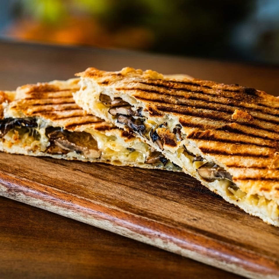 Grilled mushroom and cheese panini, cut in half, served on a wooden board.