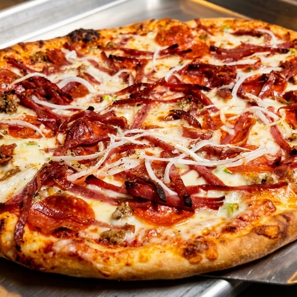 A freshly baked pizza with pepperoni, sausage, bacon, and onions on a metal tray.