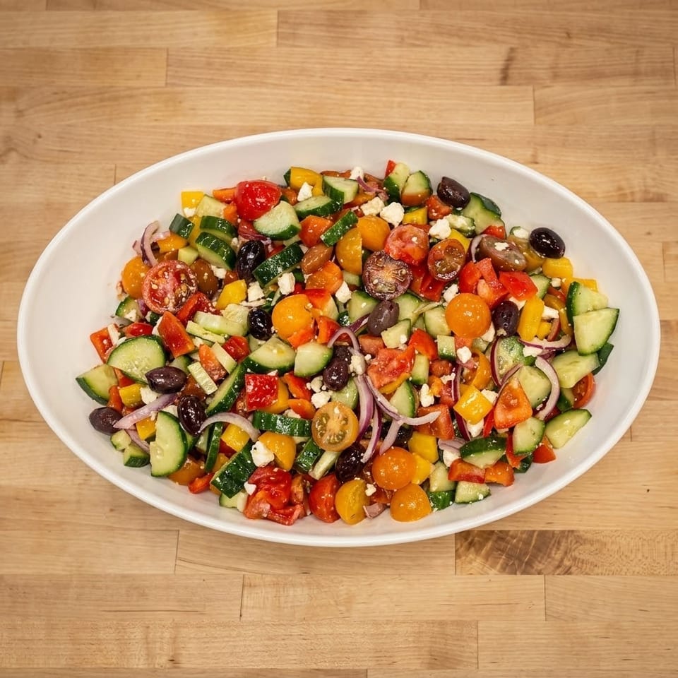 Colorful Mediterranean salad with chopped tomatoes, cucumbers, bell peppers, olives, red onion, and feta cheese.